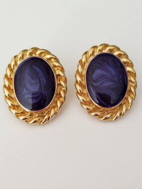 Shimmery blue enamel and gold clip on earrings